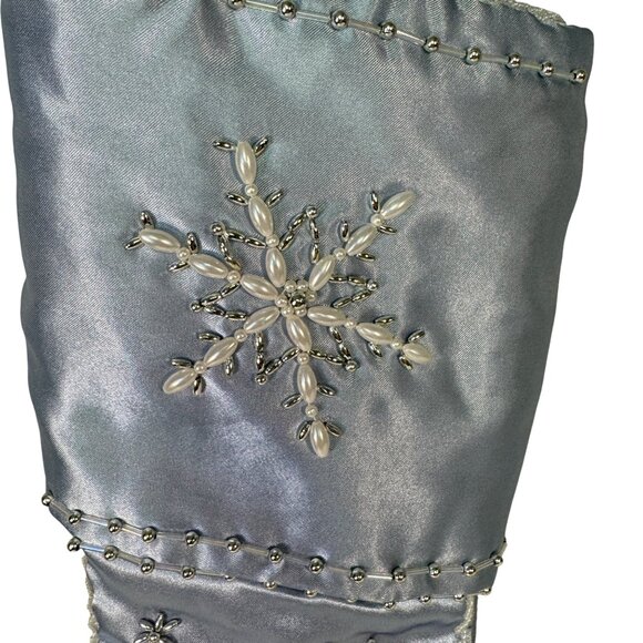 Elegant Blue Satin Christmas Stocking With Pearl & Bead Snowflake Design - Picture 2 of 4
